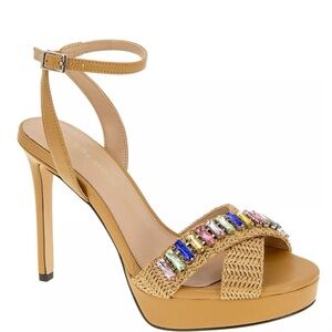 BCBGeneration Tan Heels with Multicolor Gem Accents